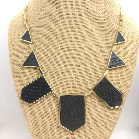 3/$30 HOUSE OF HARLOW NECKLACE LEATHER GEOMETRIC GOLD TONE ART DECO STYLE - Picture 4 of 17